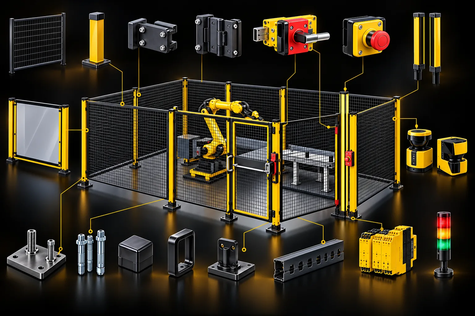 A robot cell enclosed by a yellow-post mesh safety fence, with its safety parts shown around it