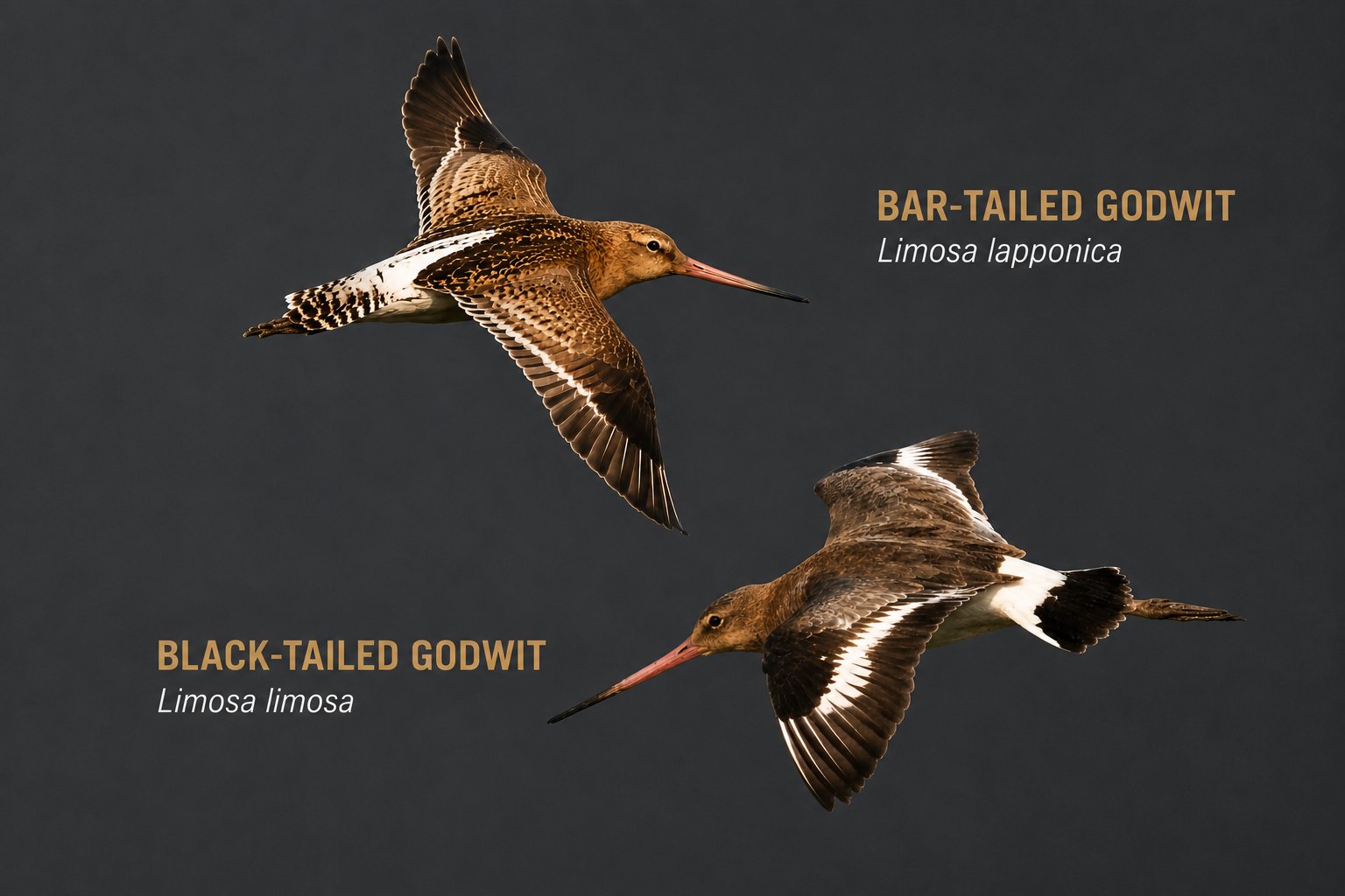 Bar-tailed Godwit and Black-tailed Godwit shown in flight side by side and labelled, comparing upperwing and tail patterns.