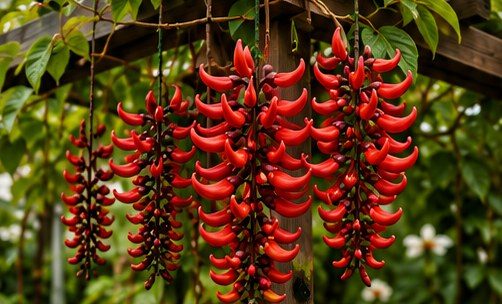 Pendulous clusters of scarlet claw-shaped red jade vine flowers hanging from a timber pergola.