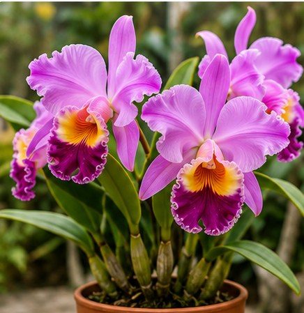 Two large lavender Cattleya orchid flowers with frilled magenta lips.
