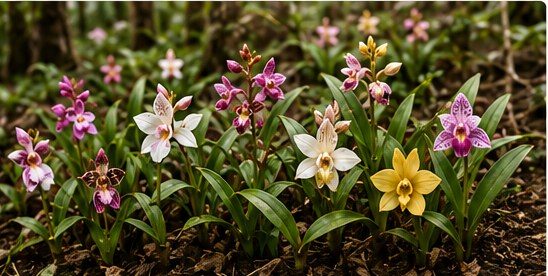 A low clump of ground orchids in pink, white and yellow flowering at soil level under trees.